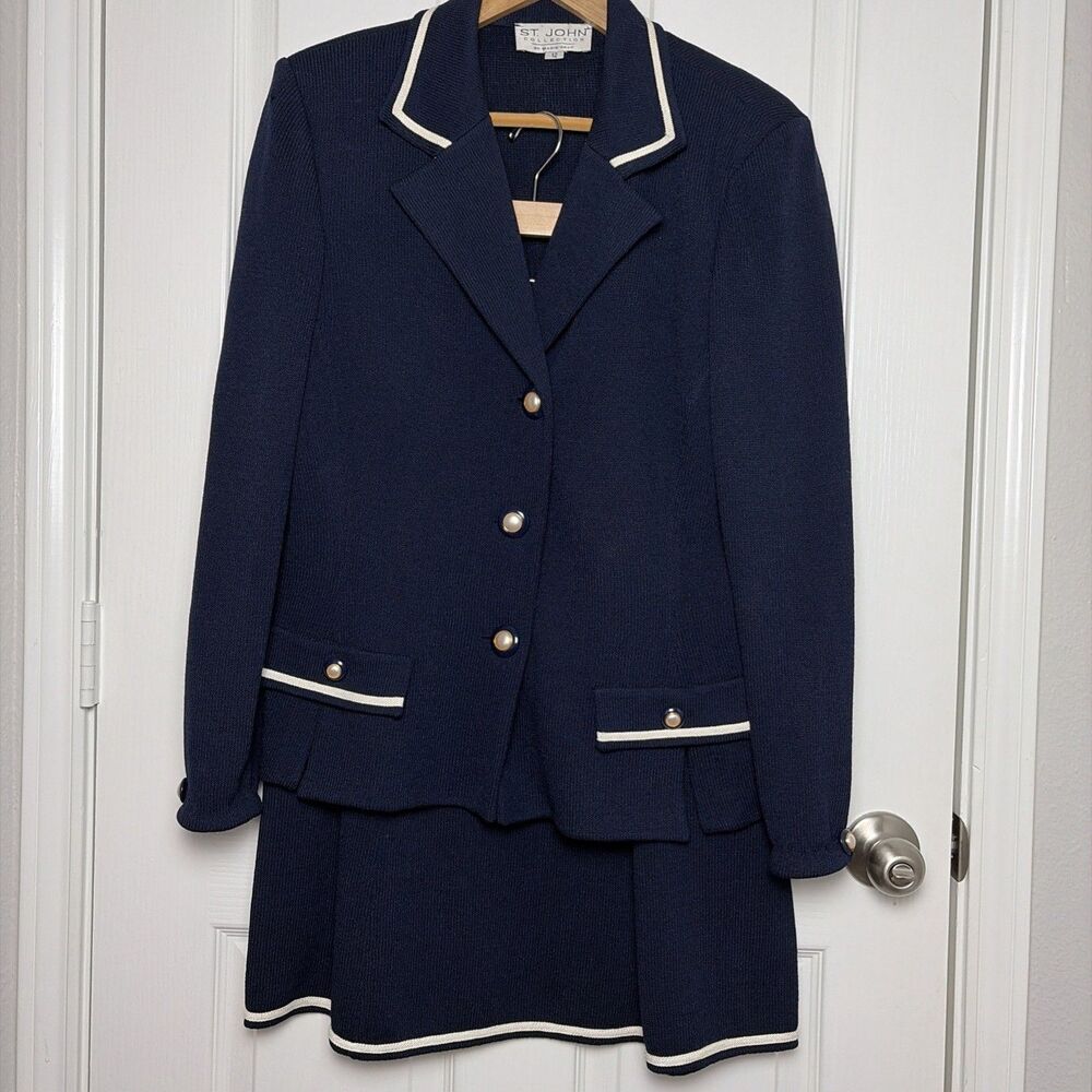 St. John Collection Navy Blue Santana Knit Skirt Jacket Suit Set Size 12 *FLAW